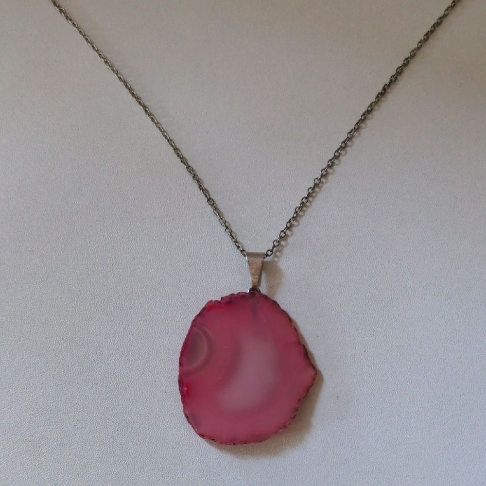 Sterling Silver 925 Necklace Pink Agate Pendant 10" EUC Like New Boho Hipster